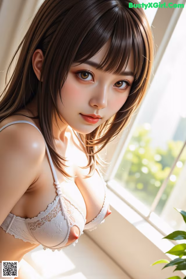 A woman in a white bra and panties posing by a window.
