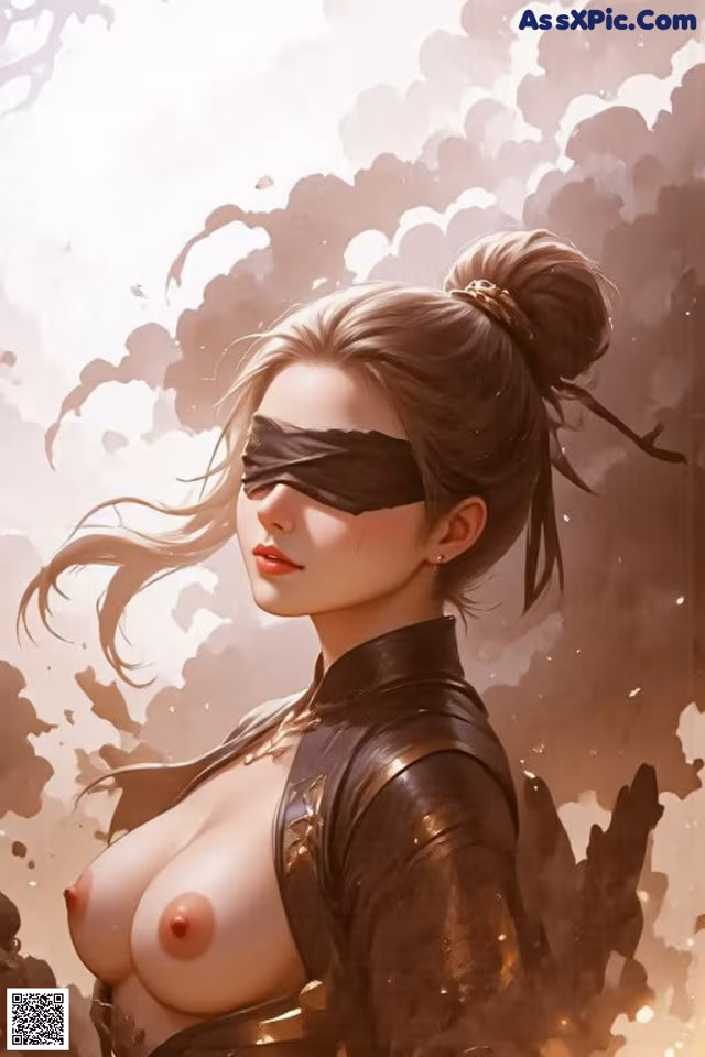 A blindfolded woman with hair tied up, wearing a leather outfit amidst a smoky background.