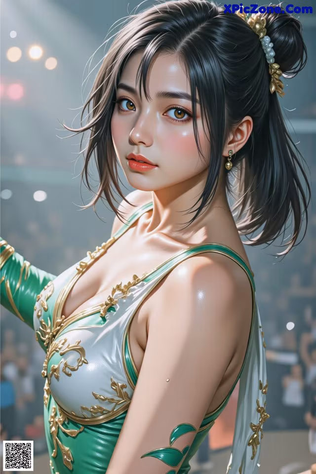 A woman in a green and white dress holding a sword.