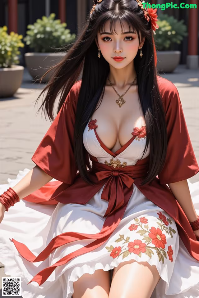 A woman in a red and white dress sitting on the ground.