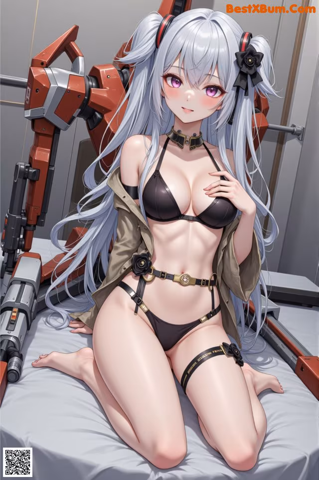 A woman in a bikini sitting on a bed next to a robot.