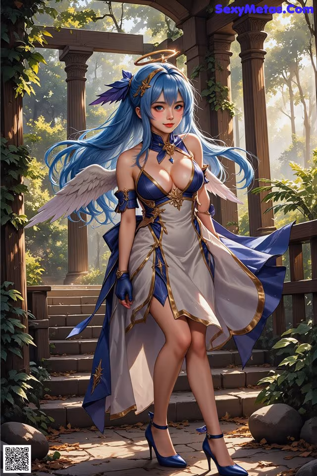 A woman in a blue and white dress with angel wings.