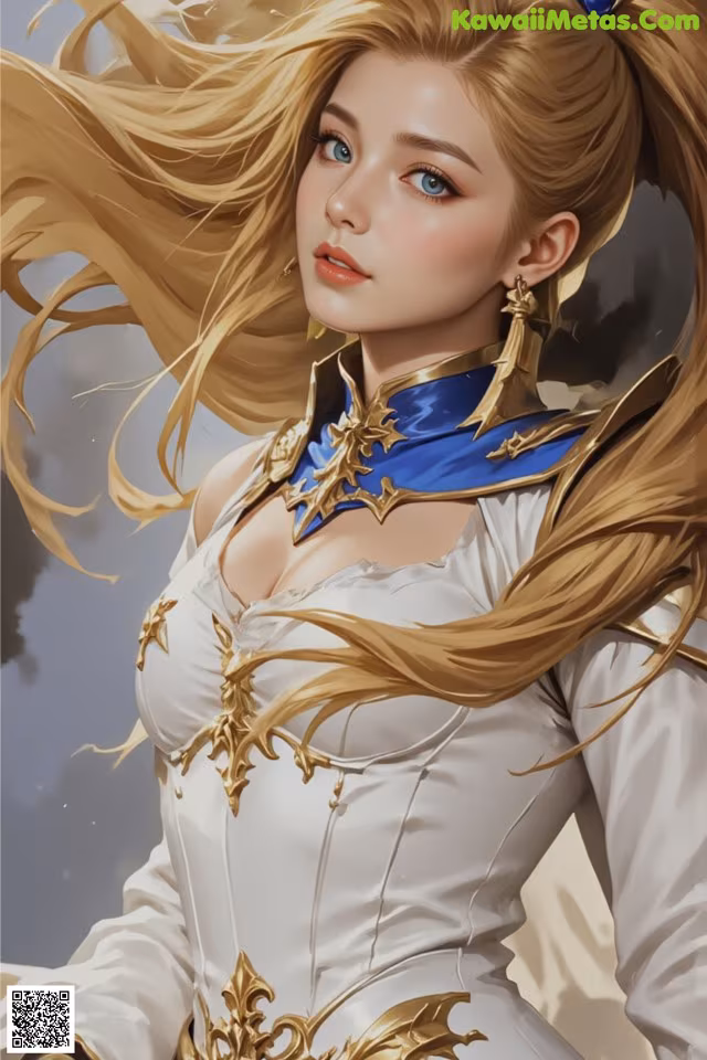 A woman with long blonde hair wearing a white dress.