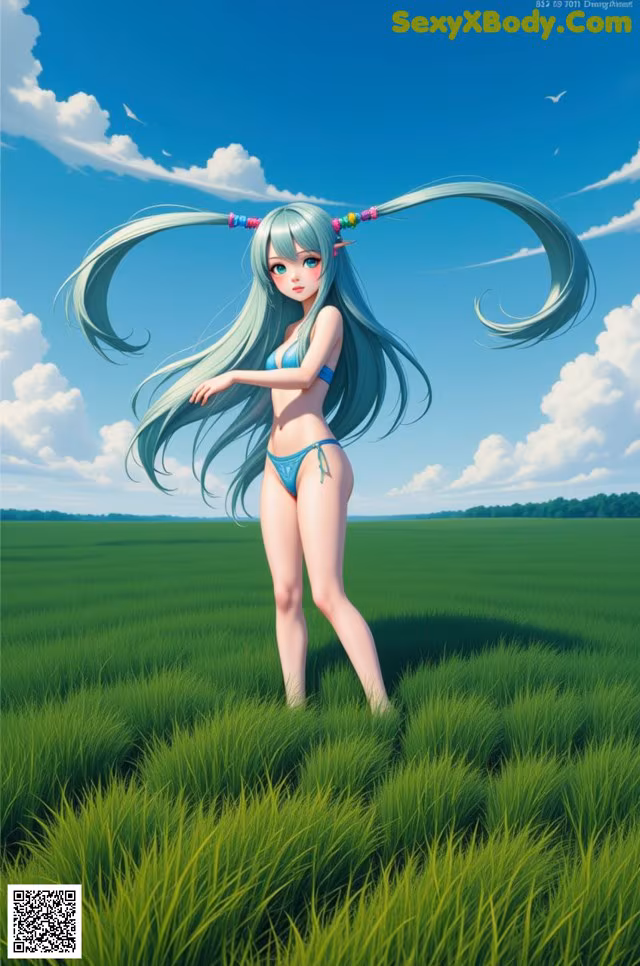 A girl in a bikini standing in a field of green grass.