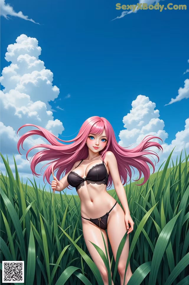 A woman in a bikini standing in a field of tall grass.