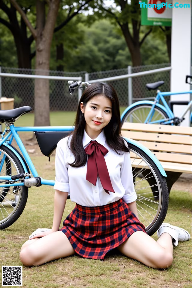 A woman in a school uniform sitting on the ground next to a bike.