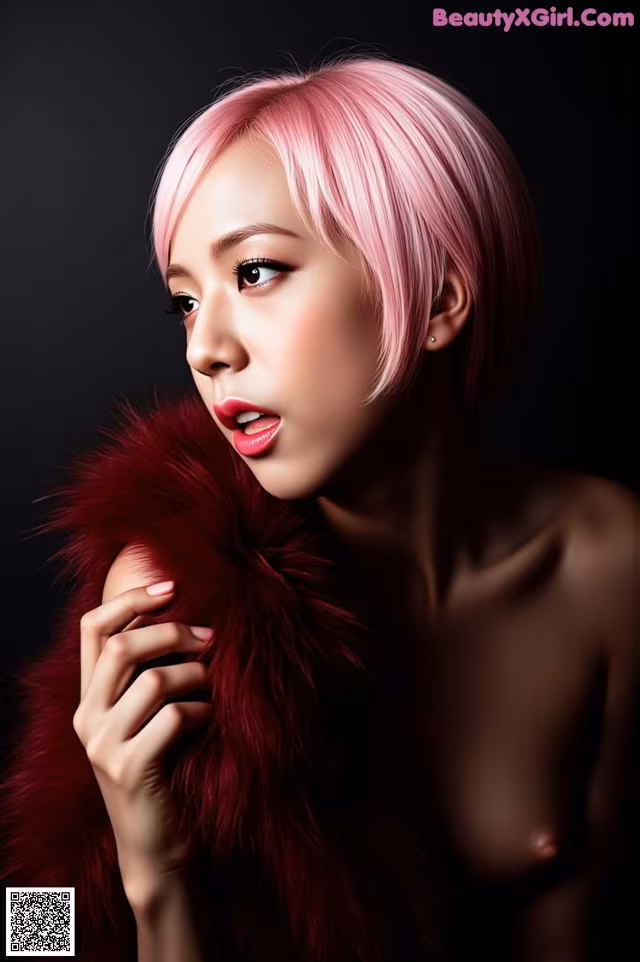 A woman with pink hair wearing a fur coat.