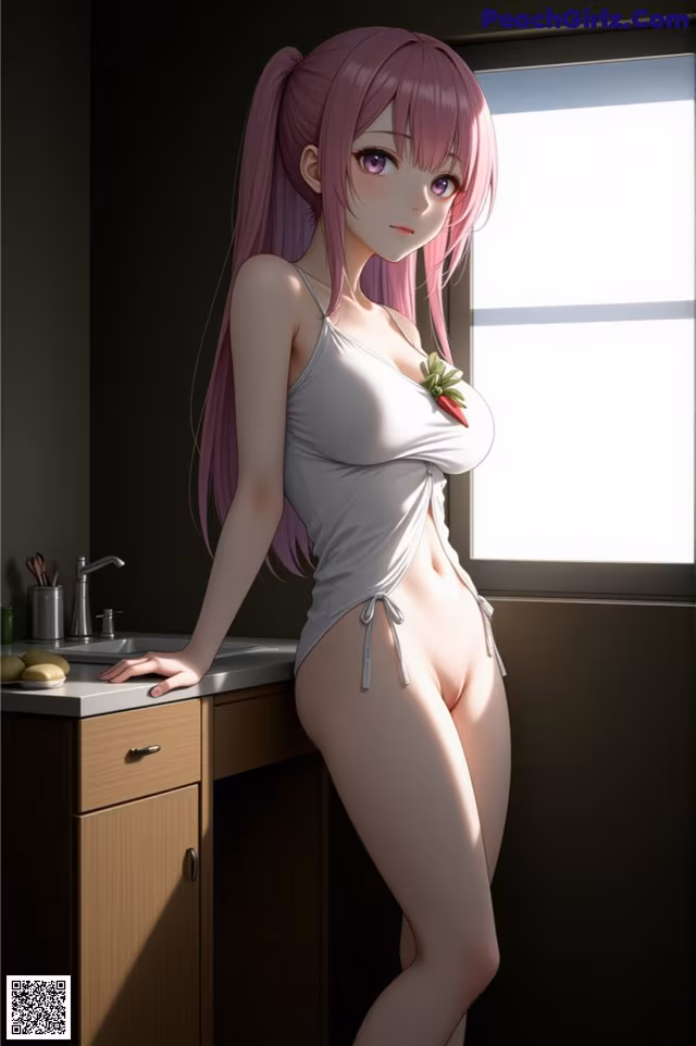 A woman in a white bathing suit standing in a kitchen.