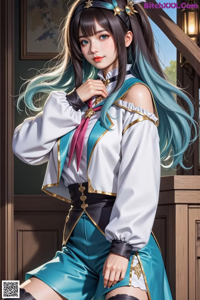 A woman with long blue hair wearing a white shirt and green shorts.