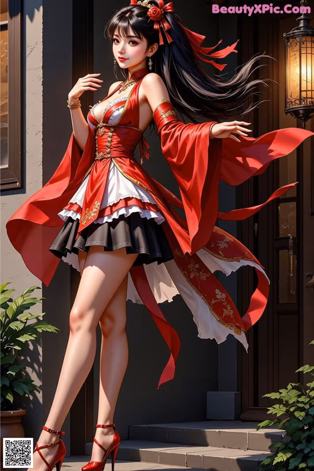 A woman in a red and black dress is posing for a picture.