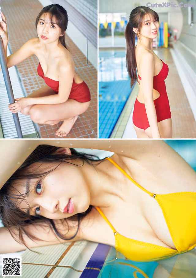 A woman in a red and yellow bathing suit posing by a pool.