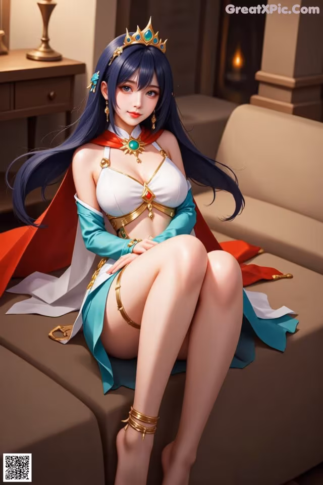 A woman sitting on a couch wearing a crown.