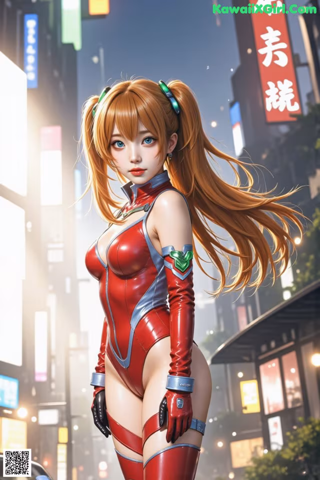A woman in a red and black outfit standing in the middle of a city.