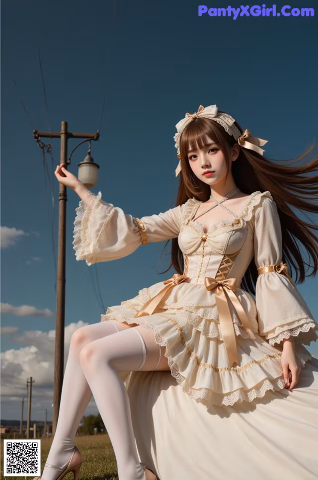 A woman in a white dress sitting on a pole.