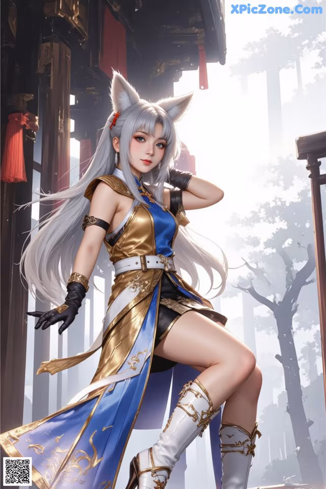 A woman in a blue and gold outfit is posing for a picture.