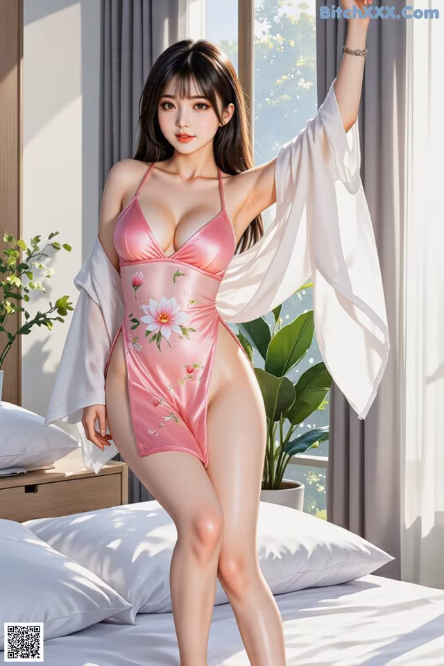 a woman in a pink lingerie posing on a bed