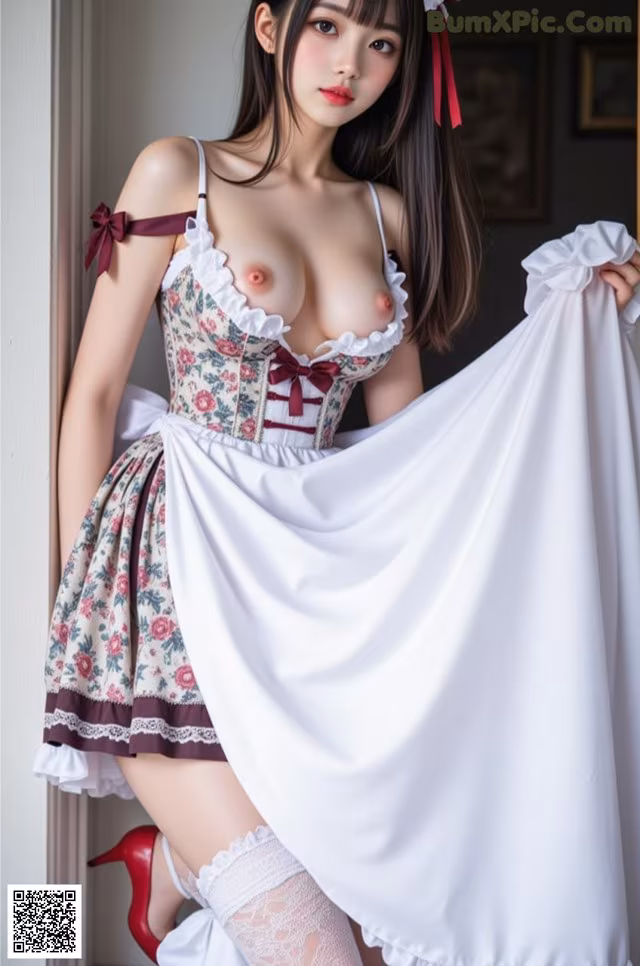 A woman in a white dress and red shoes posing for a picture.